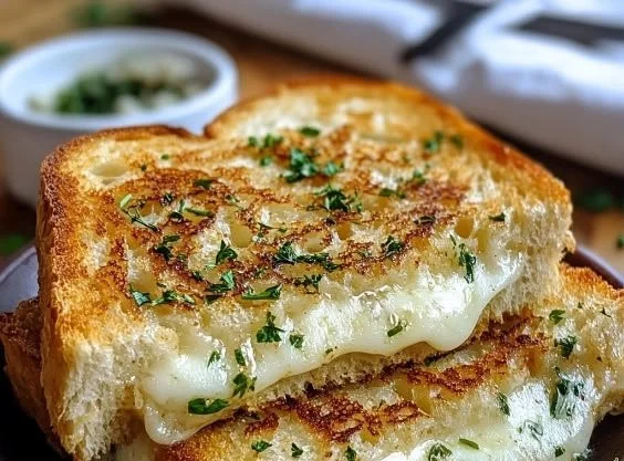 Delicious garlic bread grilled cheese sandwich with melted cheese and crispy crust