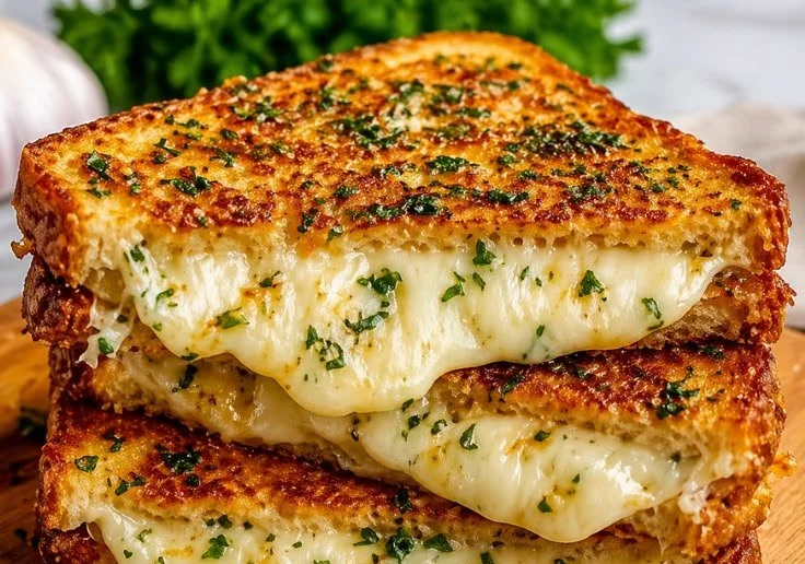 Garlic Bread Grilled Cheese Sandwich with golden crust and melted cheese