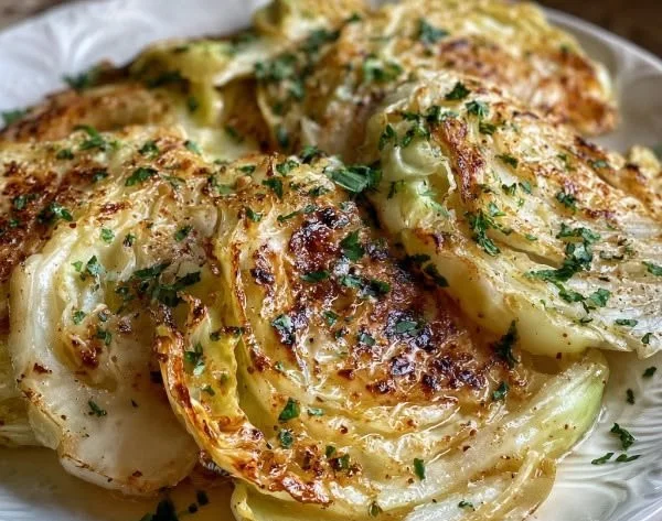 Plate of garlic butter cabbage steaks garnished with herbs