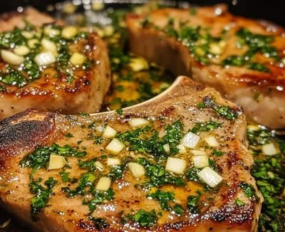 Plate of garlic butter pork chops garnished with herbs