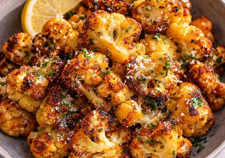 Garlic butter roasted cauliflower served on a plate, garnished with herbs.