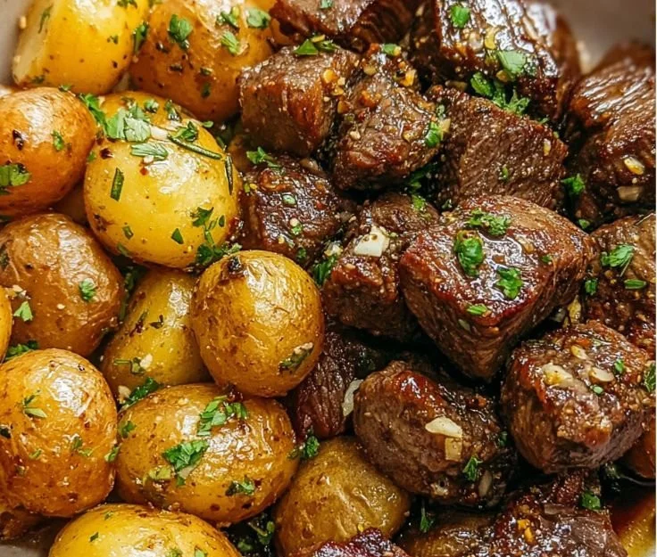 Garlic Butter Steak Bites with crispy potatoes, garnished for an appetizing dish.