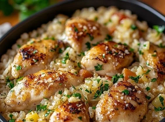 Delicious Garlic Parmesan Chicken served over fluffy rice, garnished with herbs.