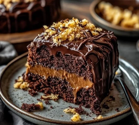 Delicious slice of German Chocolate Cake with rich frosting and coconut topping