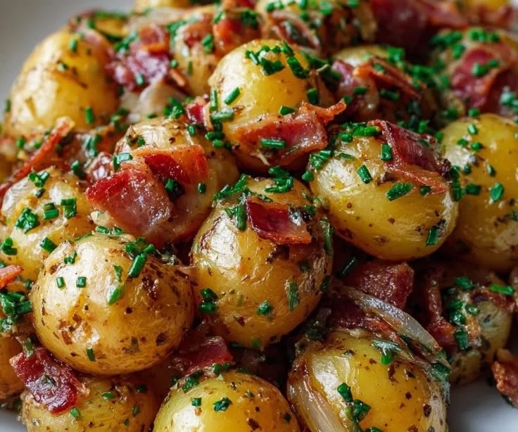 Delicious German Potato Salad served in a bowl with fresh herbs