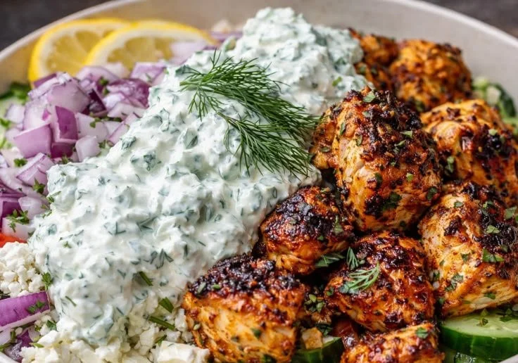 Delicious Greek Chicken Bowls featuring grilled chicken, veggies, and tzatziki sauce.
