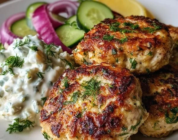 Greek chicken patties served with tzatziki sauce and cucumber salad on a plate.