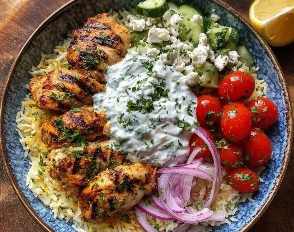 Greek chicken rice bowl drizzled with creamy tzatziki sauce and fresh vegetables