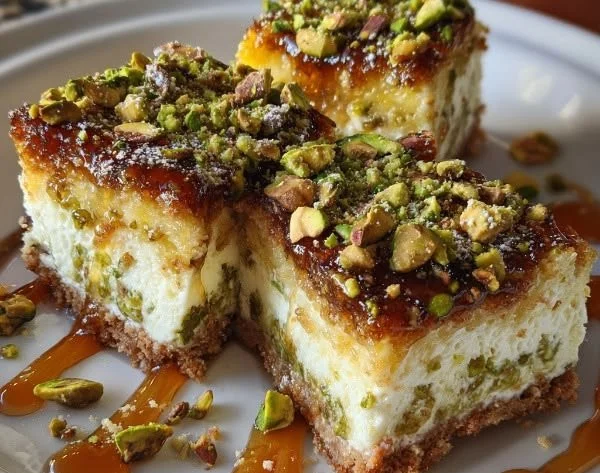 Greek-inspired cheesecake bars with a creamy filling and graham cracker crust.