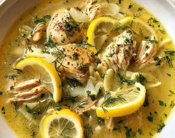 Bowl of Greek lemon chicken soup with herbs and lemon slices