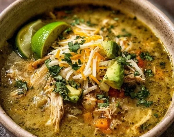 Bowl of green enchilada chicken soup topped with cilantro and tortilla strips