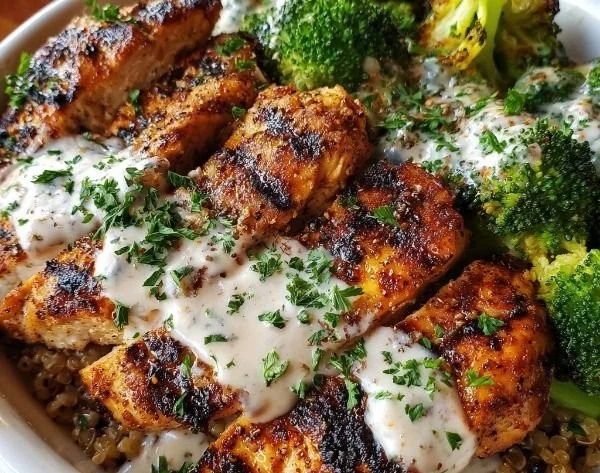 Grilled chicken and broccoli bowls topped with creamy garlic sauce