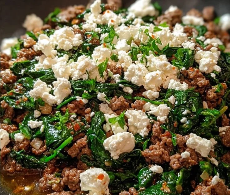 Ground beef and spinach skillet topped with feta cheese.