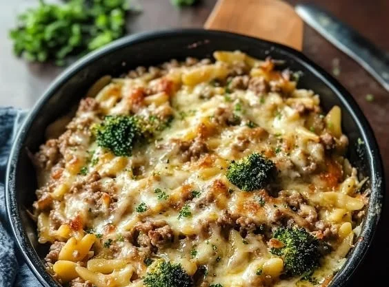 Ground turkey and orzo dish garnished with herbs in a white bowl