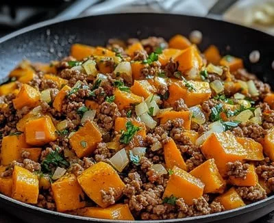 Ground Turkey Sweet Potato Skillet cooked in a vibrant skillet with fresh ingredients.