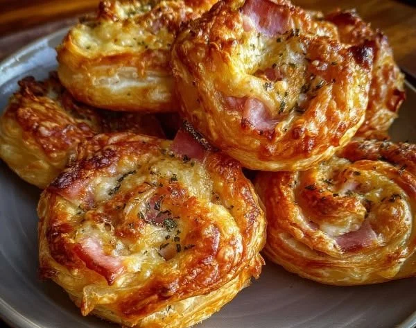 Golden ham and cheese puff pastry swirls on a baking tray
