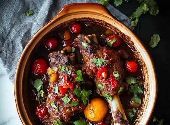Delicious Harissa Mint Lamb Shanks garnished with fresh herbs