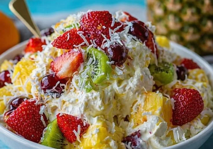 Delicious Hawaiian Cheesecake Salad topped with fresh fruits and coconut flakes