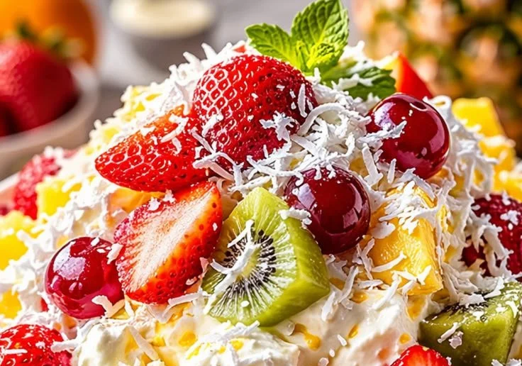 Hawaiian Cheesecake Salad with tropical fruits and creamy filling