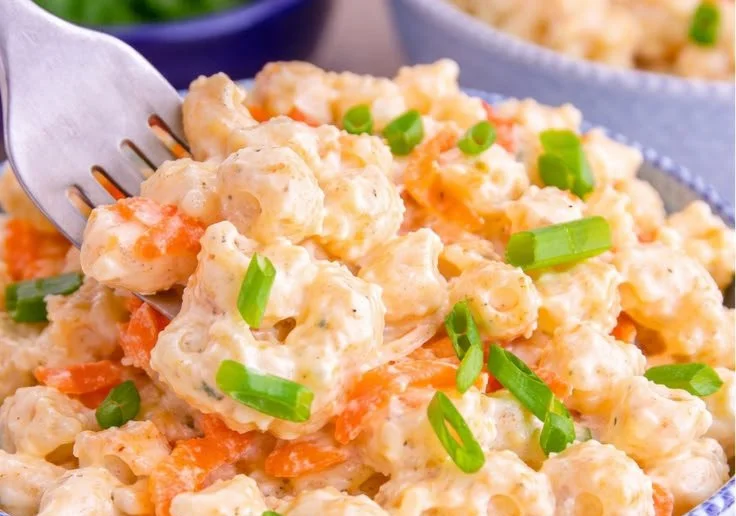 Delicious Hawaiian macaroni salad served in a bowl, a perfect side dish.