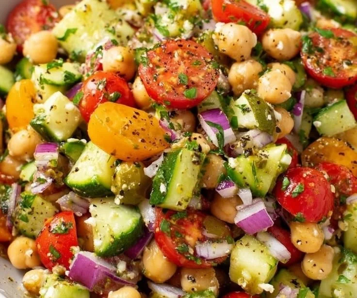 Bowl of healthy chickpea salad with fresh vegetables and dressing