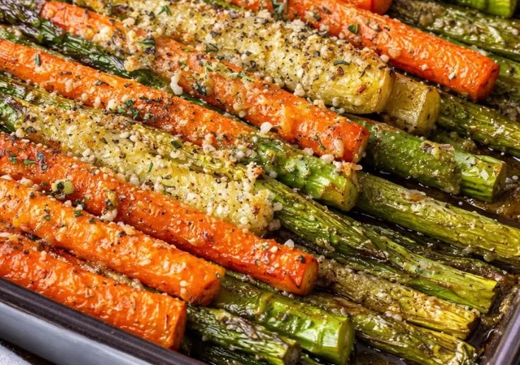 Healthy dish of roasted asparagus and carrots on a plate