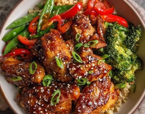 Healthy Sticky Chicken Bowls with fresh vegetables and rice