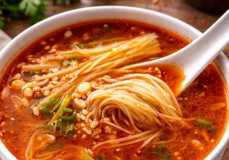 A bowl of hearty Tomato Enoki Mushroom Soup garnished with fresh herbs.