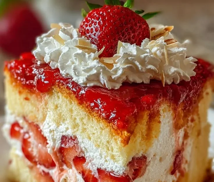 Delicious Heaven on Earth Cake topped with whipped cream and cherries