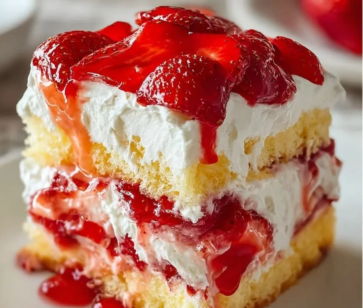 Delicious Heaven on Earth Cake topped with whipped cream and fruit