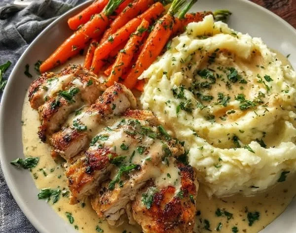 Plate of herbed creamy chicken with mashed potatoes and glazed carrots
