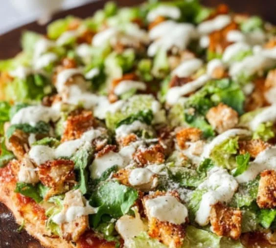 High-protein chicken Caesar salad pizza topped with fresh ingredients