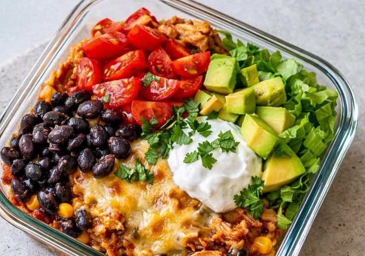 High-protein chicken enchilada bowl with colorful toppings and fresh ingredients
