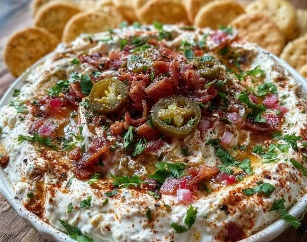 Delicious Hissy Fit Dip served in a bowl with veggies and crackers