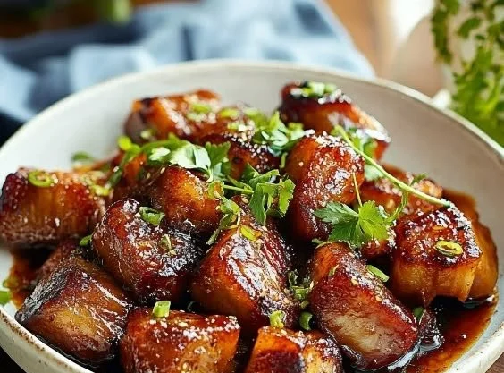 Hoisin glazed pork belly bites garnished with sesame seeds and green onions