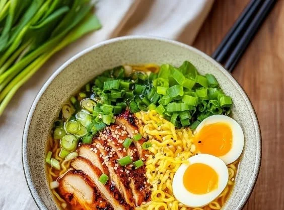 Bowl of homemade chicken ramen topped with green onions and boiled egg