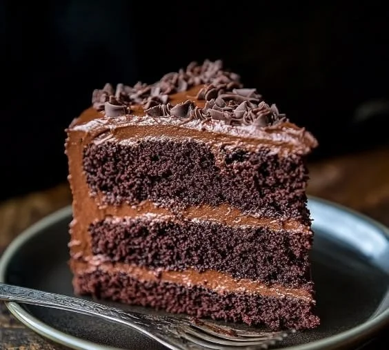 A delicious homemade chocolate cake decorated with chocolate frosting