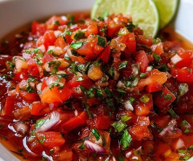 Bowl of fresh homemade salsa with tomatoes, cilantro, and onions