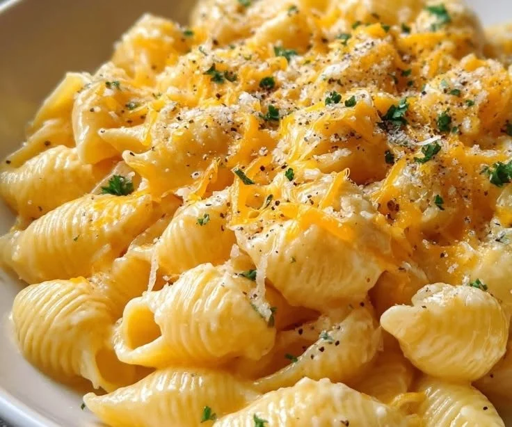 Creamy homemade shells and cheese served in a bowl