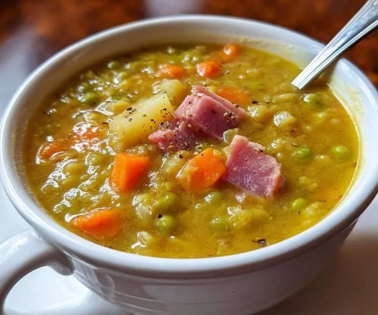 Bowl of homemade split pea soup garnished with herbs and fresh ingredients