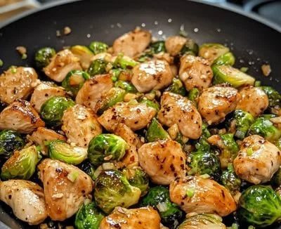 Skillet dish of Honey Garlic Chicken served with Brussels Sprouts