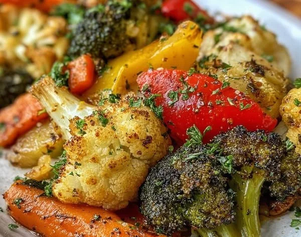 Delicious honey garlic roasted vegetables on a serving platter