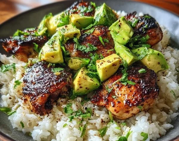 Honey Lime Chicken served with Avocado Rice on a plate