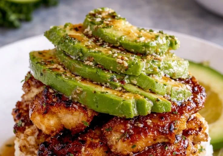 Delicious Honey Lime Chicken served with Avocado Rice Stack on a plate