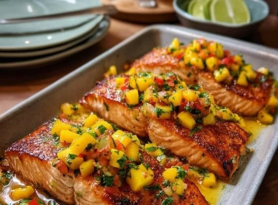 Honey-Lime Salmon with mango salsa garnished and plated beautifully