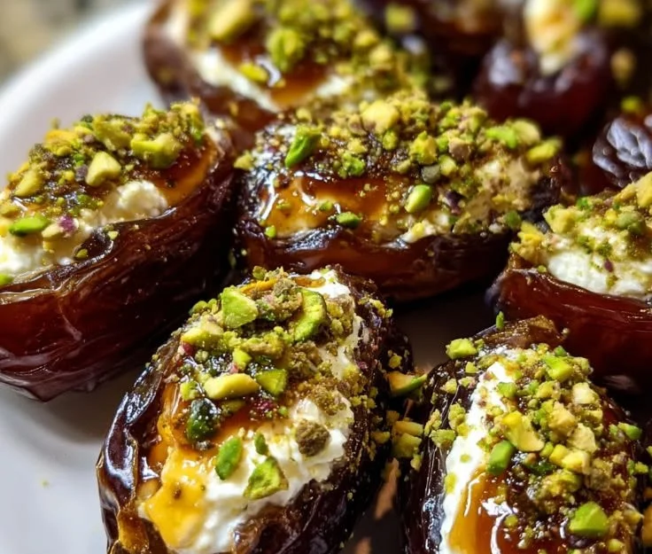 Honey pistachio ricotta stuffed dates, a delicious and healthy snack.