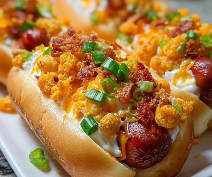 Spicy hot dogs topped with Flaming Cheetos for a crunchy twist