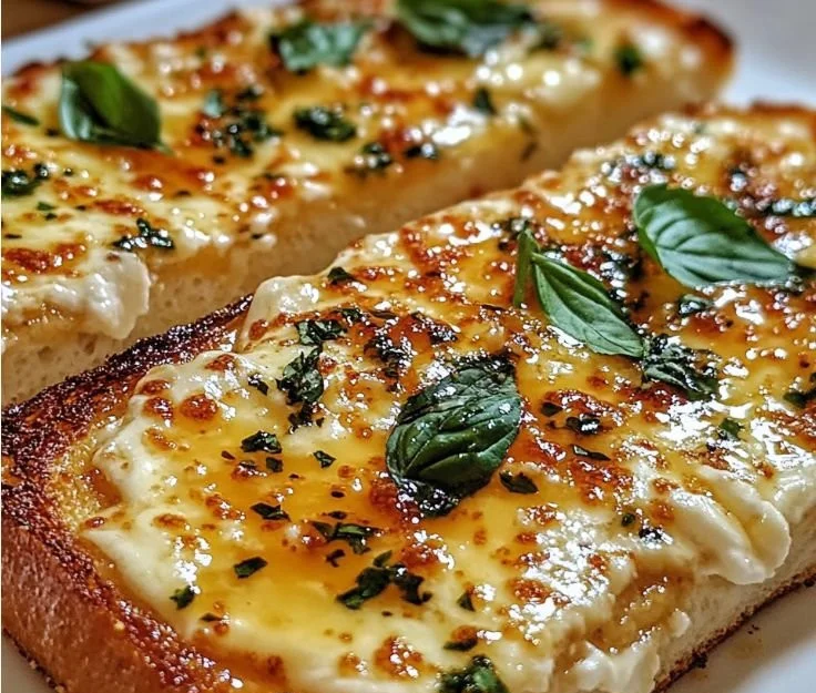 Delicious hot honey garlic bread pizza topped with cheese and herbs.