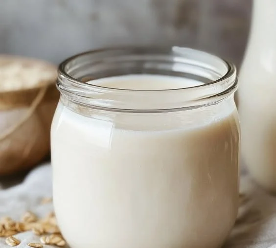 Homemade oat milk being poured into a glass