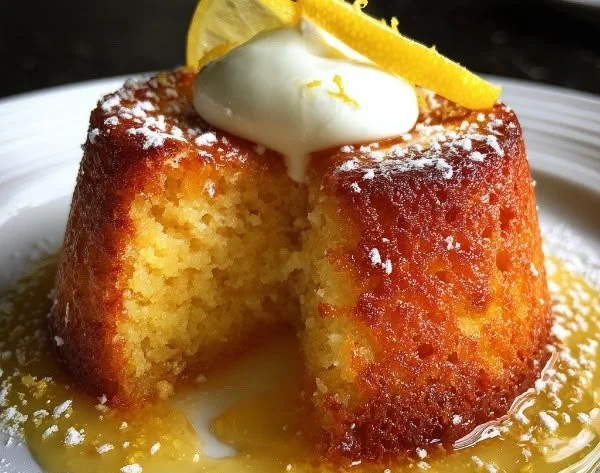Delicious Irish lemon pudding cake topped with fresh lemon zest